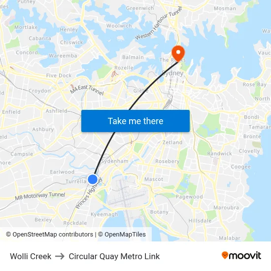 Wolli Creek to Circular Quay Metro Link map