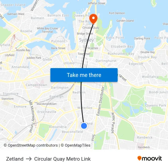 Zetland to Circular Quay Metro Link map