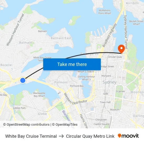 White Bay Cruise Terminal to Circular Quay Metro Link map