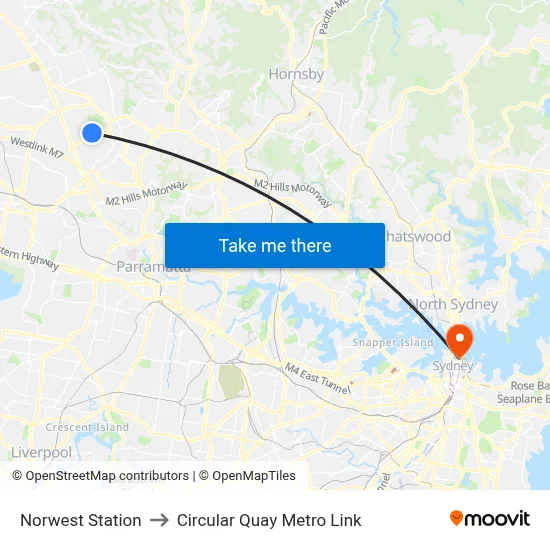 Norwest Station to Circular Quay Metro Link map