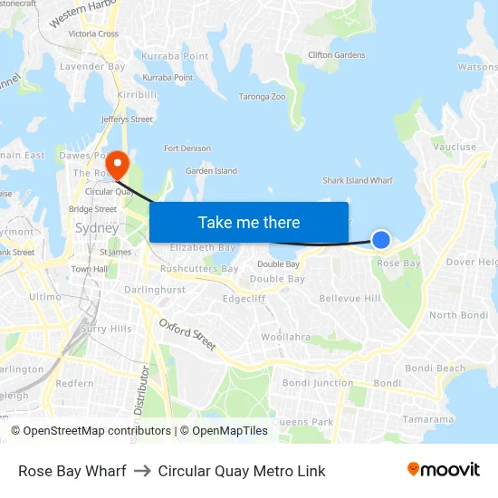 Rose Bay Wharf to Circular Quay Metro Link map