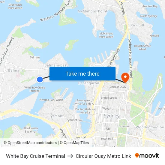 White Bay Cruise Terminal to Circular Quay Metro Link map