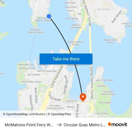 McMahons Point Ferry Wharf to Circular Quay Metro Link map