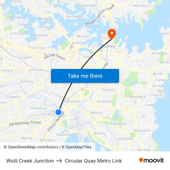 Wolli Creek Junction to Circular Quay Metro Link map