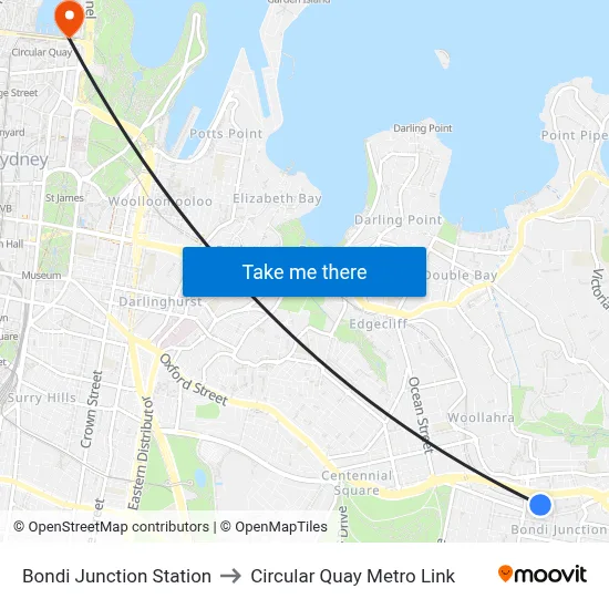 Bondi Junction Station to Circular Quay Metro Link map