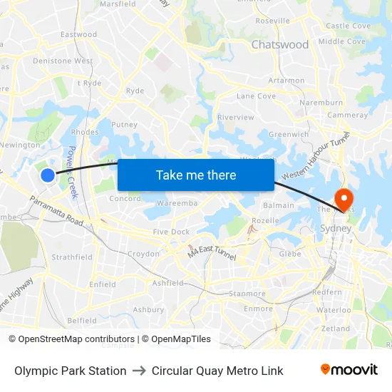 Olympic Park Station to Circular Quay Metro Link map