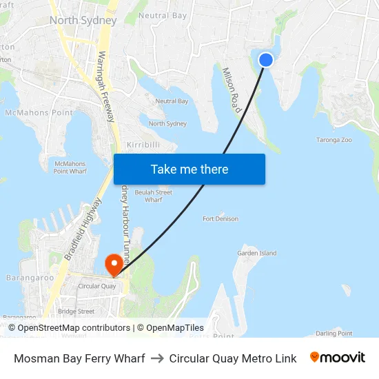 Mosman Bay Ferry Wharf to Circular Quay Metro Link map
