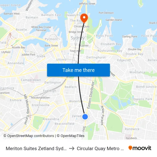 Meriton Suites Zetland Sydney to Circular Quay Metro Link map