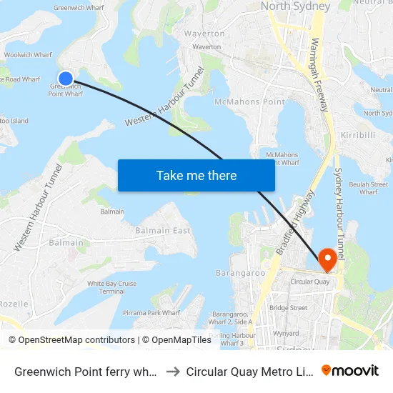 Greenwich Point ferry wharf to Circular Quay Metro Link map