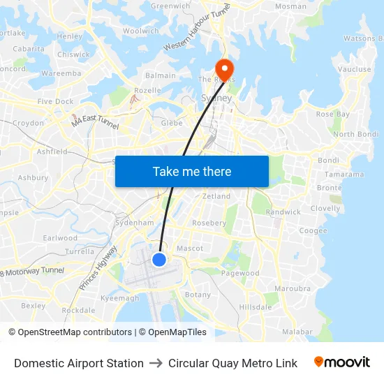 Domestic Airport Station to Circular Quay Metro Link map