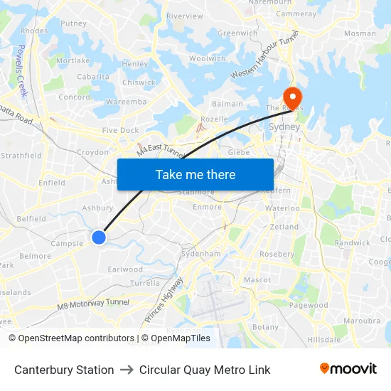 Canterbury Station to Circular Quay Metro Link map