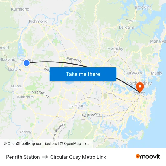 Penrith Station to Circular Quay Metro Link map
