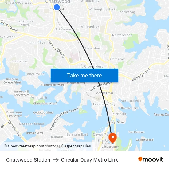 Chatswood Station to Circular Quay Metro Link map