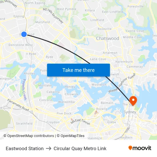Eastwood Station to Circular Quay Metro Link map