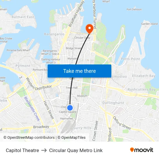 Capitol Theatre to Circular Quay Metro Link map