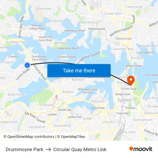 Drummoyne Park to Circular Quay Metro Link map