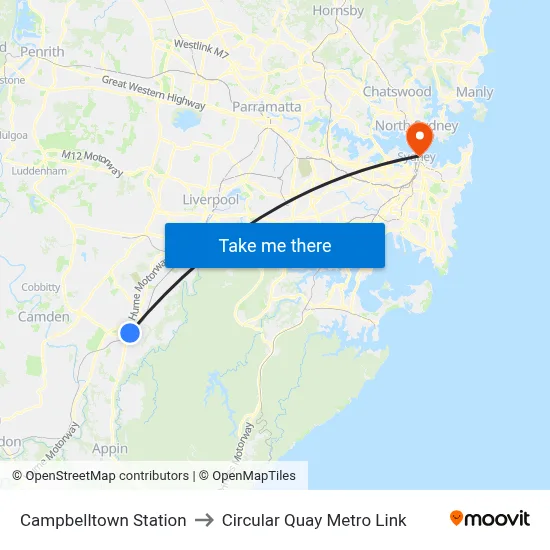 Campbelltown Station to Circular Quay Metro Link map