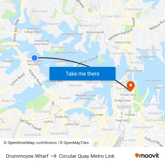 Drummoyne Wharf to Circular Quay Metro Link map