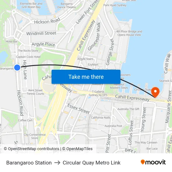 Barangaroo Station to Circular Quay Metro Link map