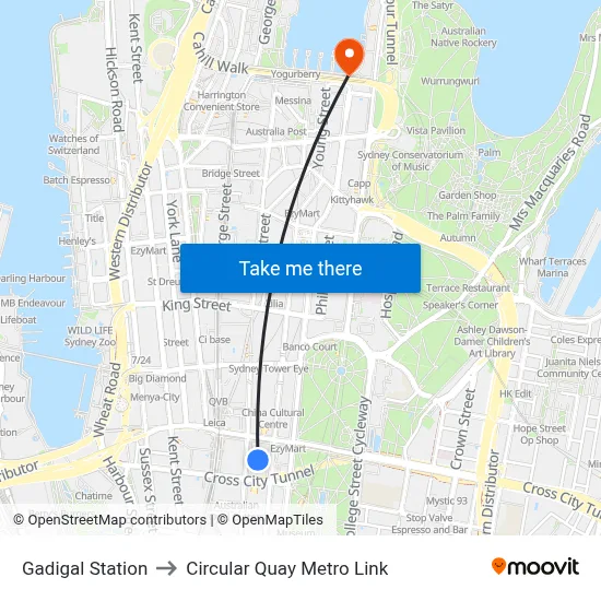 Gadigal Station to Circular Quay Metro Link map