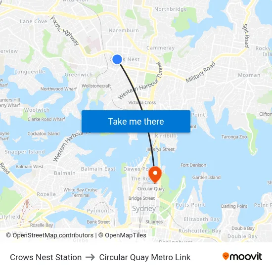 Crows Nest Station to Circular Quay Metro Link map