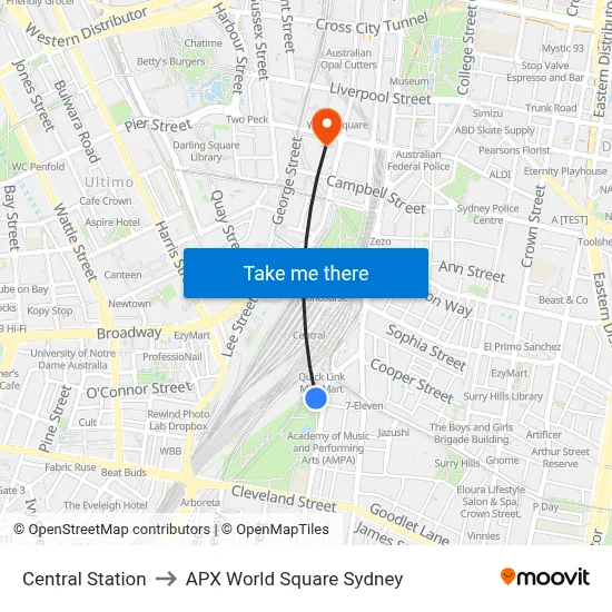Central Station to APX World Square Sydney map