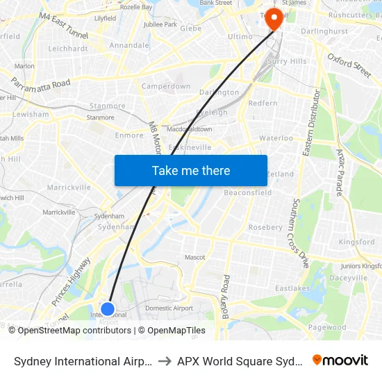 Sydney International Airport to APX World Square Sydney map