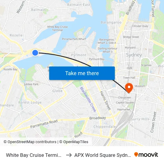 White Bay Cruise Terminal to APX World Square Sydney map