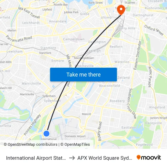 International Airport Station to APX World Square Sydney map