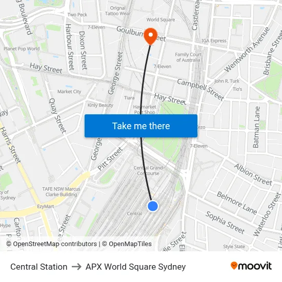 Central Station to APX World Square Sydney map