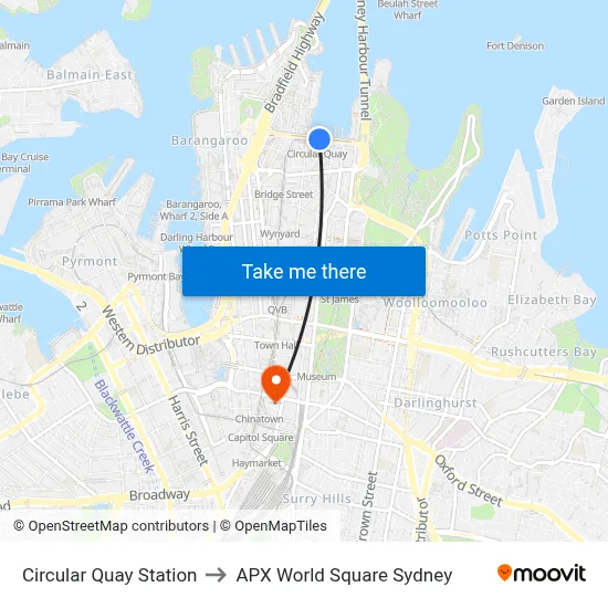 Circular Quay Station to APX World Square Sydney map