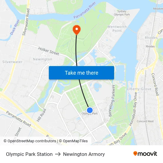 Olympic Park Station to Newington Armory map