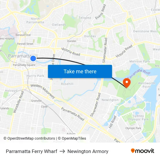 Parramatta Ferry Wharf to Newington Armory map