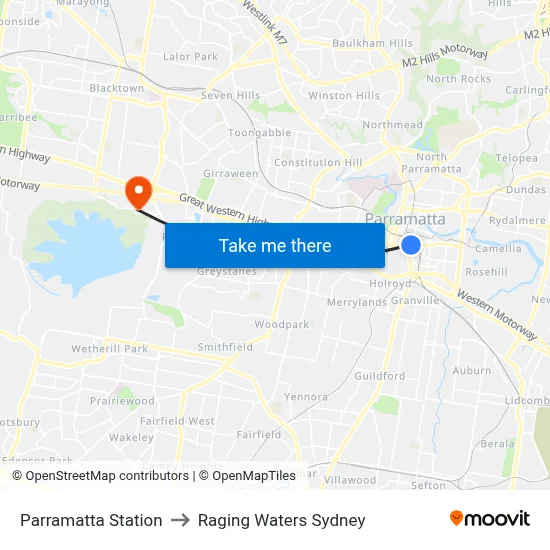 Parramatta Station to Raging Waters Sydney map