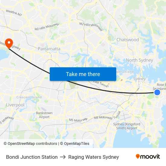 Bondi Junction Station to Raging Waters Sydney map