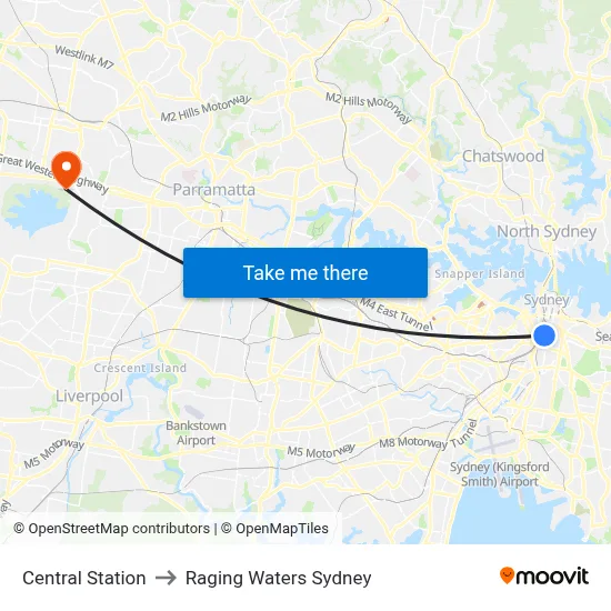 Central Station to Raging Waters Sydney map