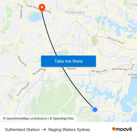 Sutherland Station to Raging Waters Sydney map