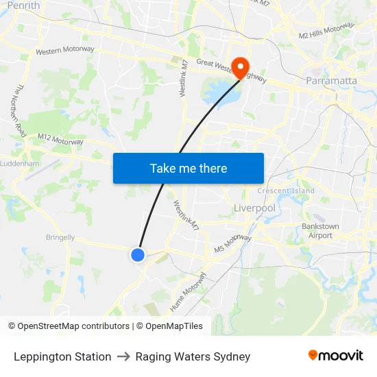 Leppington Station to Raging Waters Sydney map