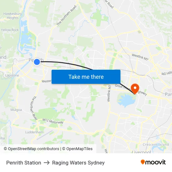 Penrith Station to Raging Waters Sydney map