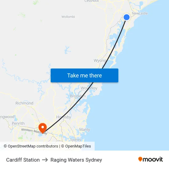 Cardiff Station to Raging Waters Sydney map