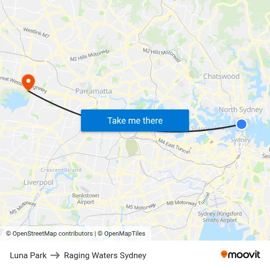 Luna Park to Raging Waters Sydney map