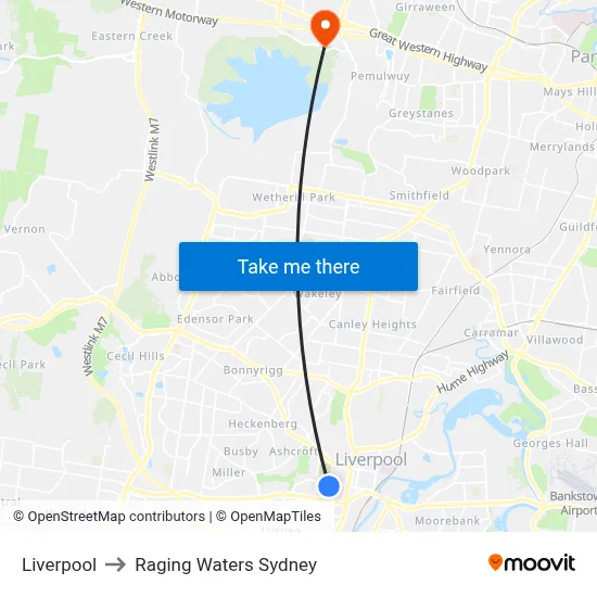 Liverpool to Raging Waters Sydney map