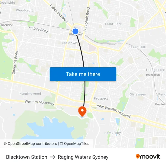 Blacktown Station to Raging Waters Sydney map