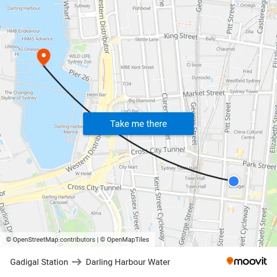 Gadigal Station to Darling Harbour Water map