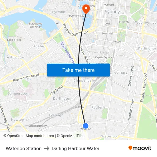 Waterloo Station to Darling Harbour Water map