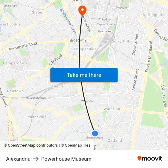 Alexandria to Powerhouse Museum map