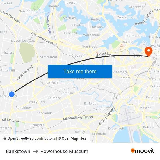 Bankstown to Powerhouse Museum map
