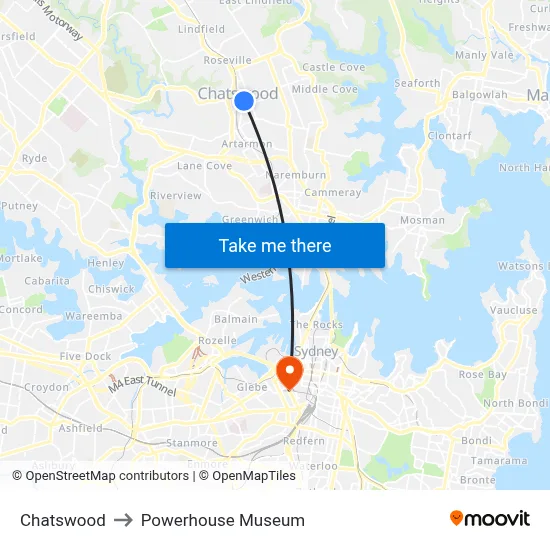 Chatswood to Powerhouse Museum map