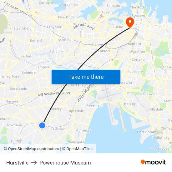 Hurstville to Powerhouse Museum map