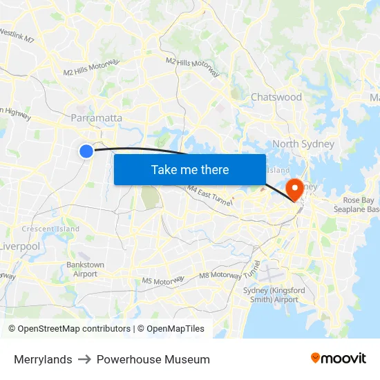 Merrylands to Powerhouse Museum map